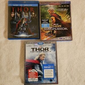Thor Blu-ray + DVD; Dark World Blu-ray 3D + Blu-ray; & Ragnarok Blu-ray + DVD